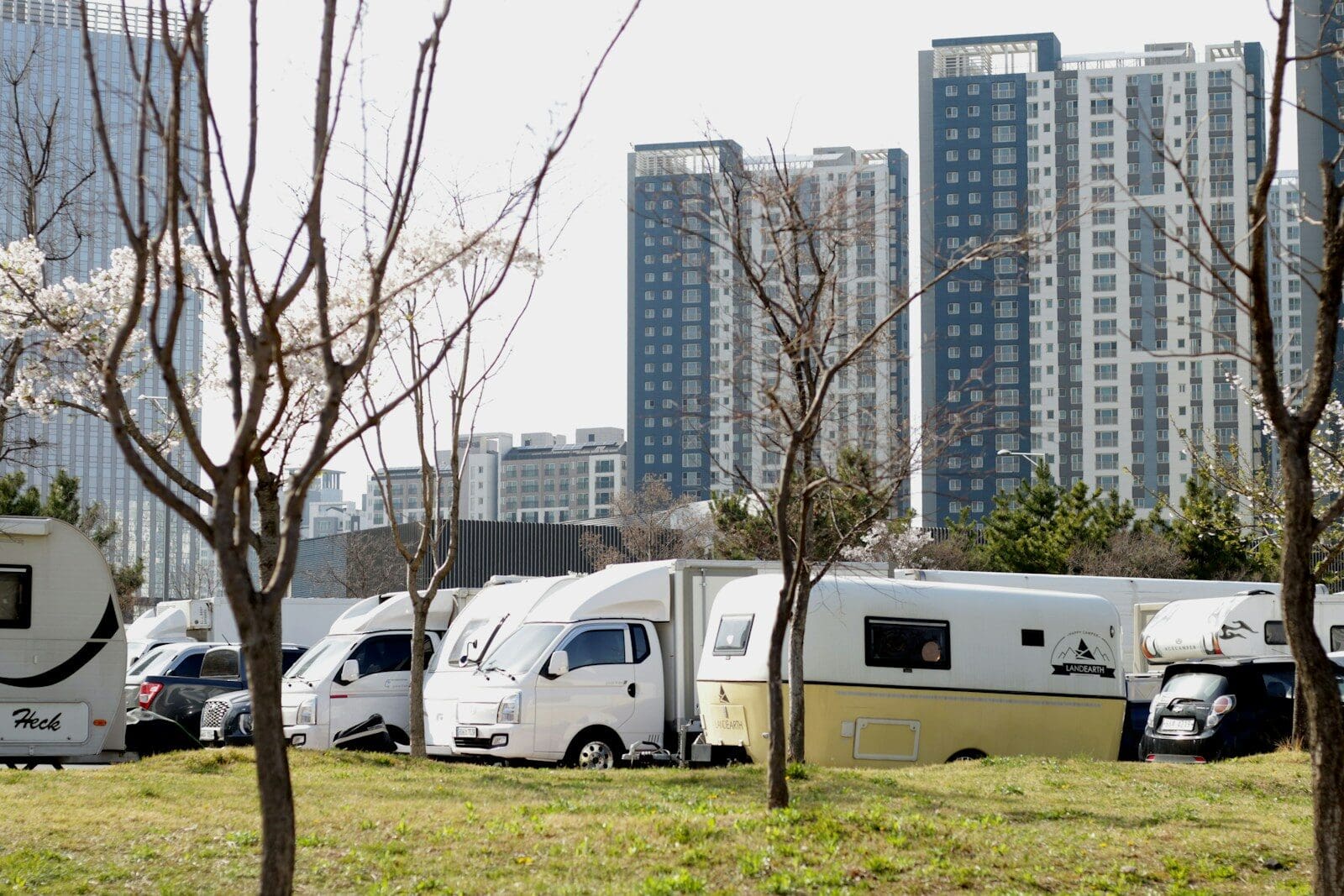 Camper vans parked on grassy area with buildings behind